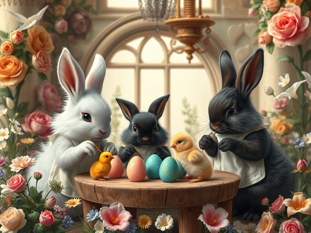 Whimsical Bunnies Painting Easter Eggs in Fairytale Garden