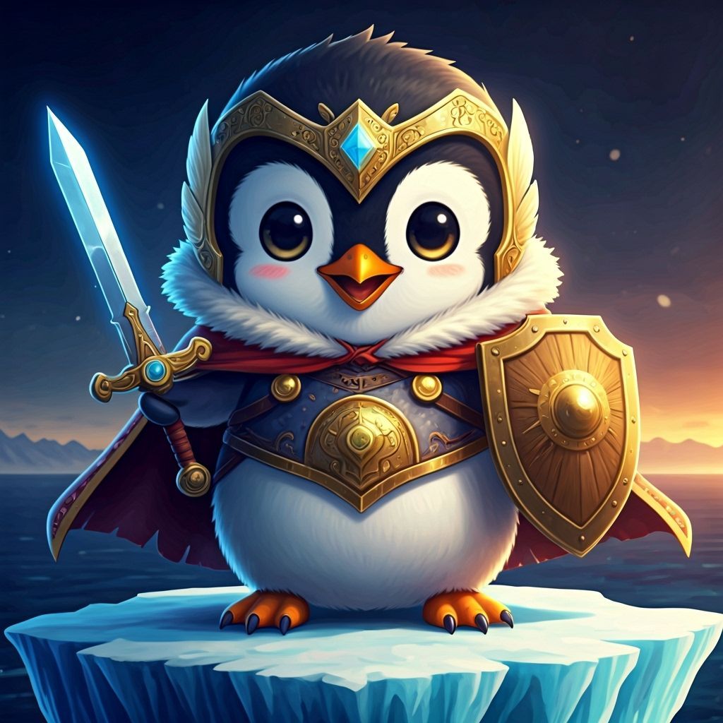 Victorious Chibi Penguin Warrior on Iceberg