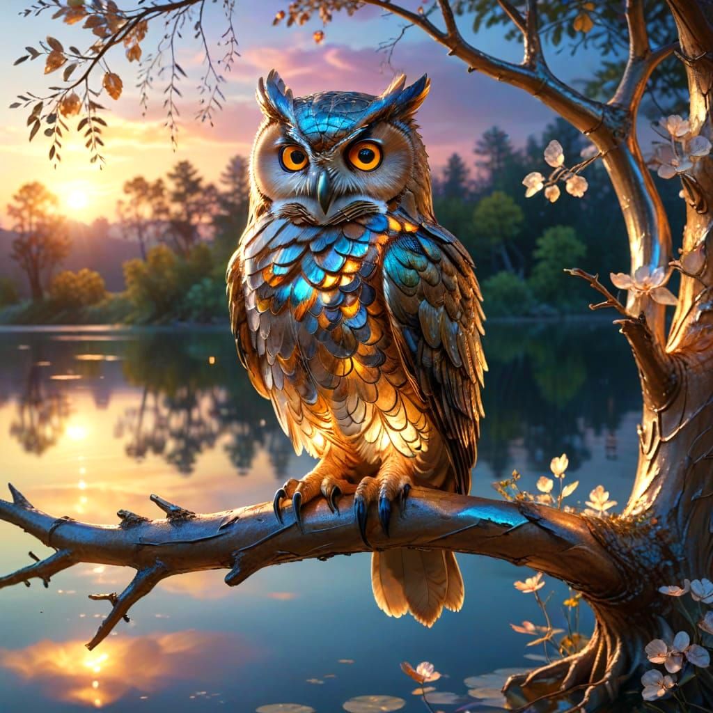 Decorative Owl on Branch Overlooking Iridescent Lake