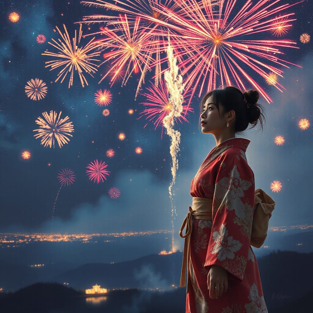 Vibrant Fireworks Explode Above Woman in Yukata Dress