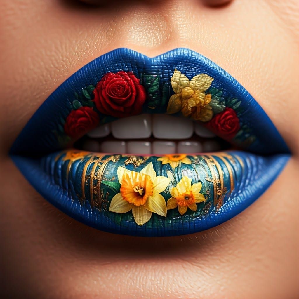 Photorealistic Woman's Lips with Floral Lipstick