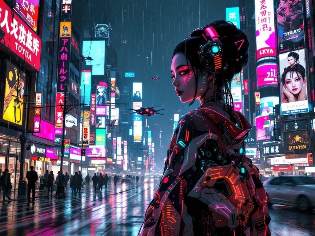 Cyberpunk Geisha Navigates Rainy Tokyo Streets