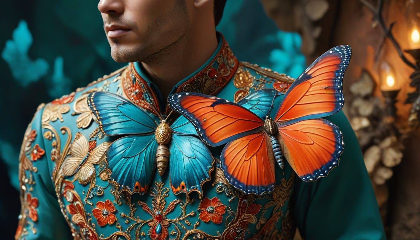 Cloisonné Man with Moth and Butterfly: Maximalist Art