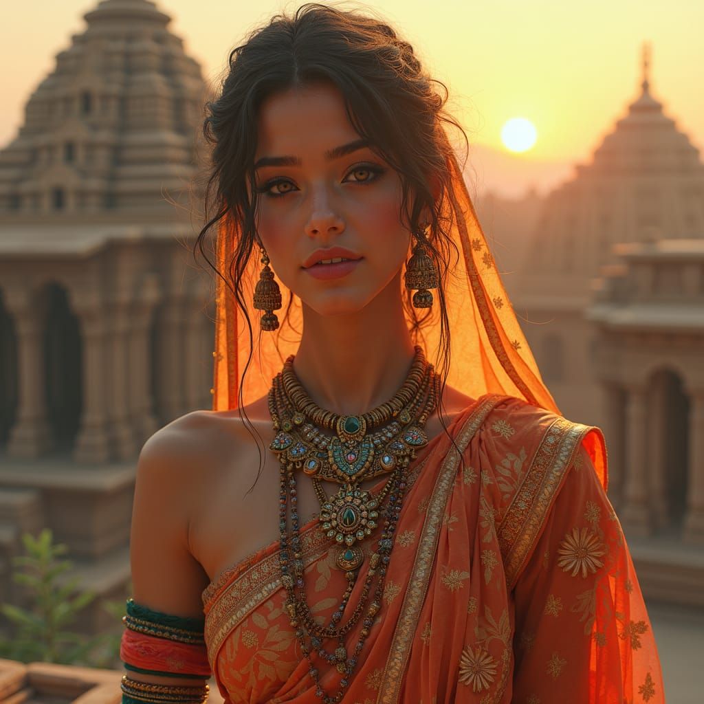 Indian Model in Temple Sunset: Hyperrealistic Art