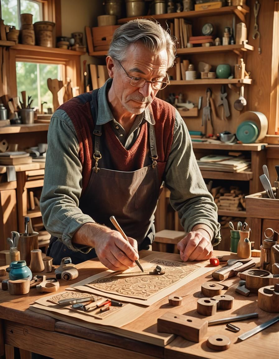 Cozy Workshop Scene in Whimsical Folk Art Style