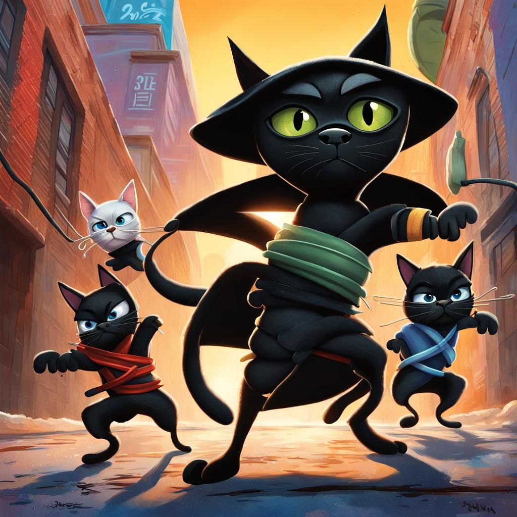 Ninja Cat and Boston Terriers Movie Poster in Pixar Style