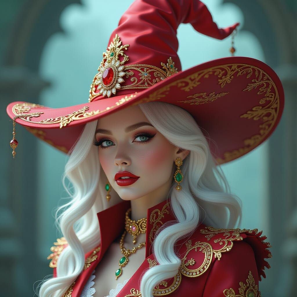 Albino Witch in Red Baroque Mystic Hat