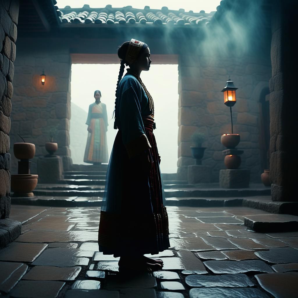 AYTEK Priestess in Misty Courtyard, Cinematic Style