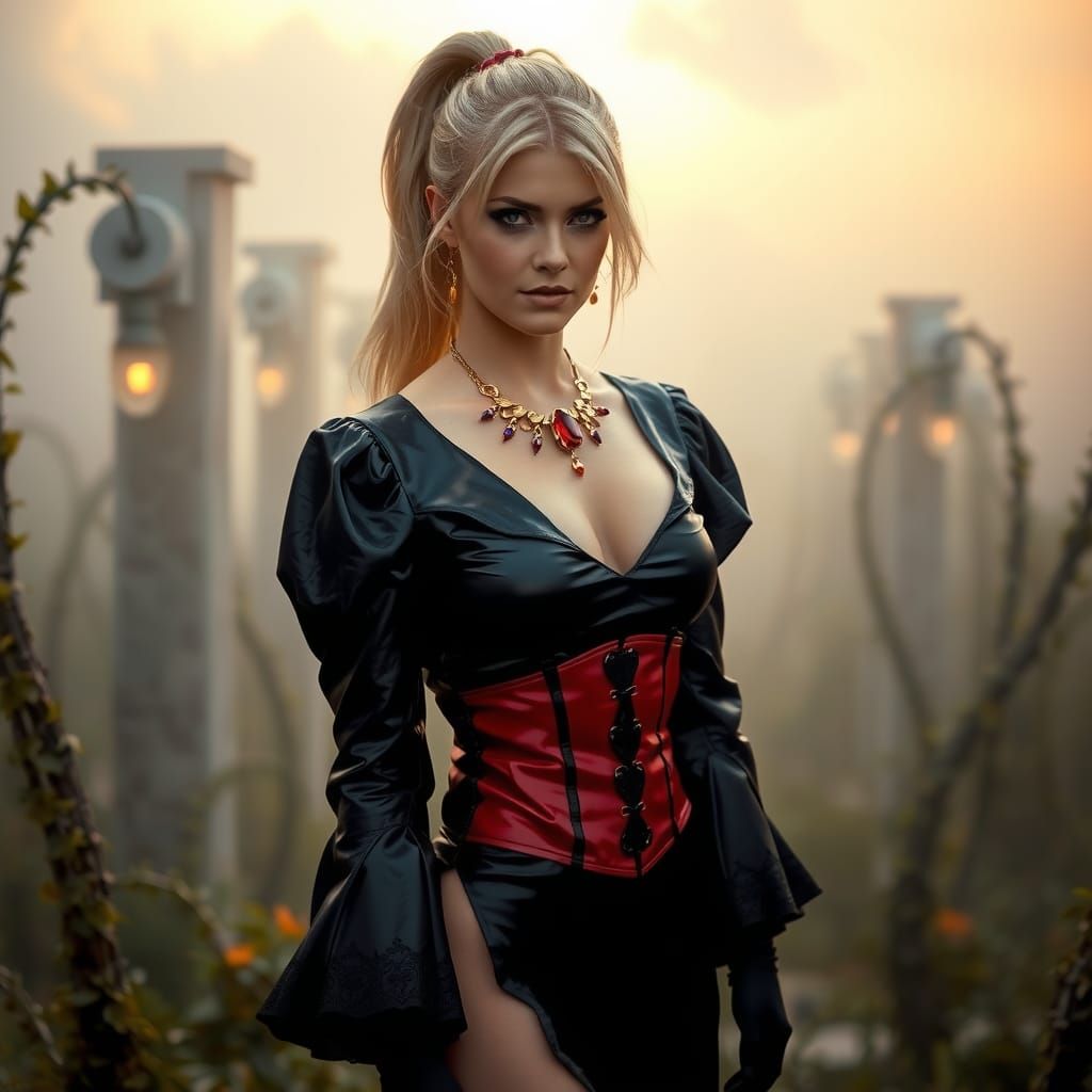 Woman in PVC Dress in Foggy Garden