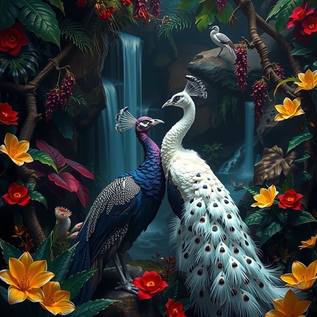 Mystical Peacock Pair in Tropical Paradise