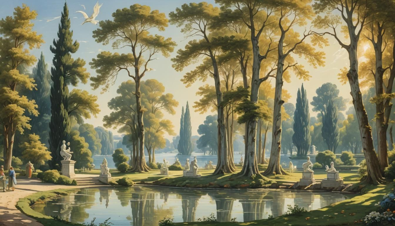 Neoclassical Park with Roman Statues and Lake