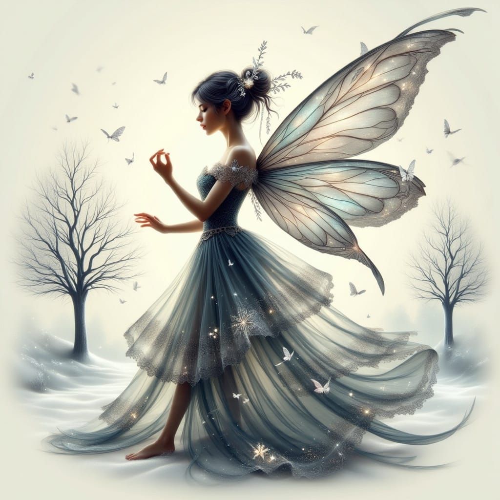 Ethereal Fairy in Winter Landscape, Watercolour Illustration