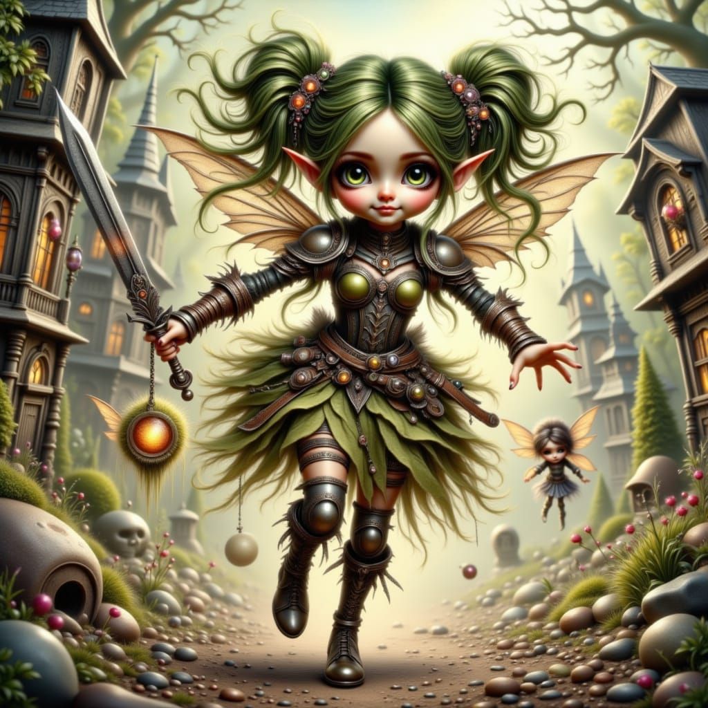 Whimsical Elf Girl in Battle-Ready Armor Chases Fairies Thro...