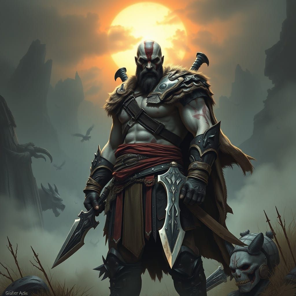 Kratos as a Dark Fantasy Norse Warrior in Moody Wilderness