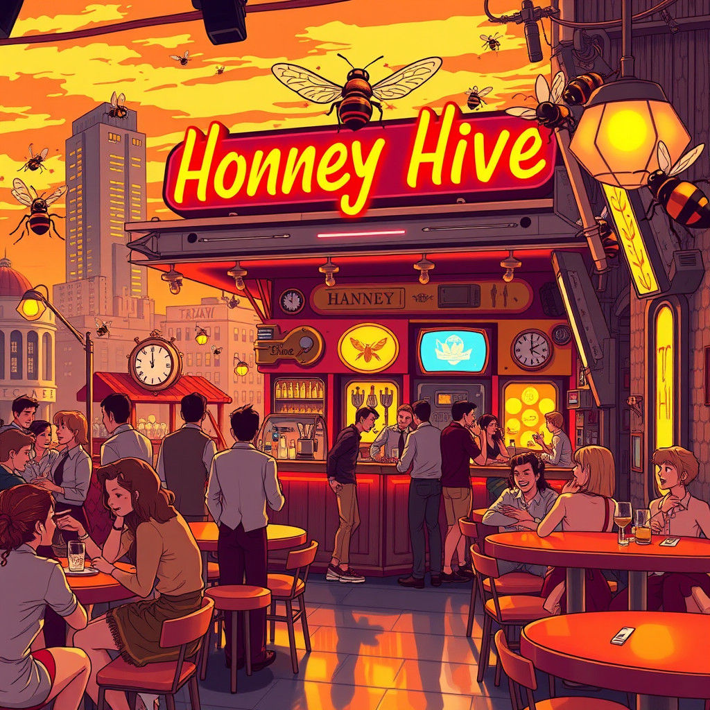 Retro-Futuristic Honey Bee Dive Bar in Anime Style