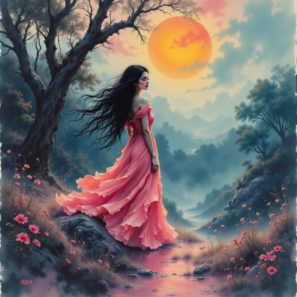 Serene Woman Meditating in Mystical Dreamscape