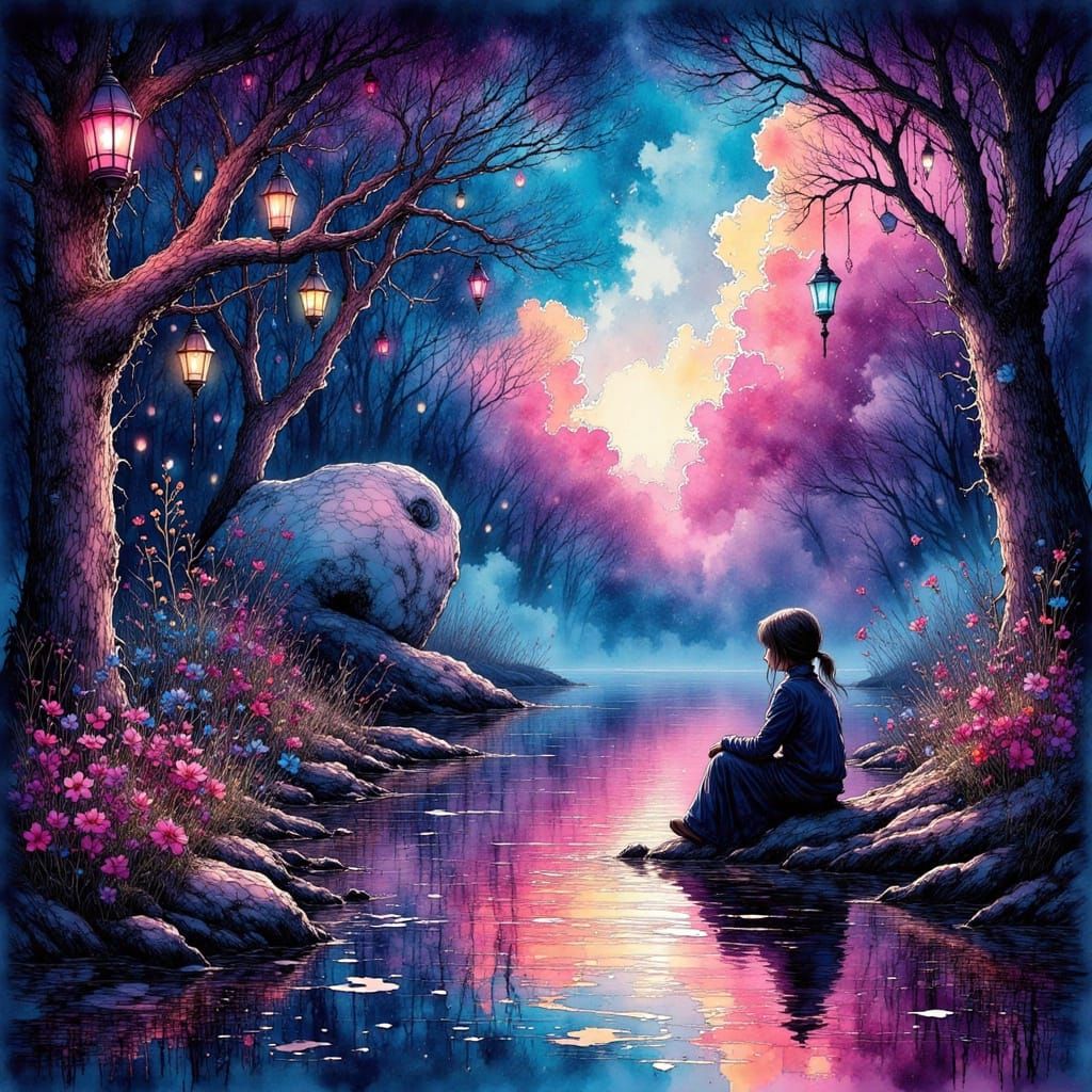 Regretful Reflection in Whimsical Ink Art