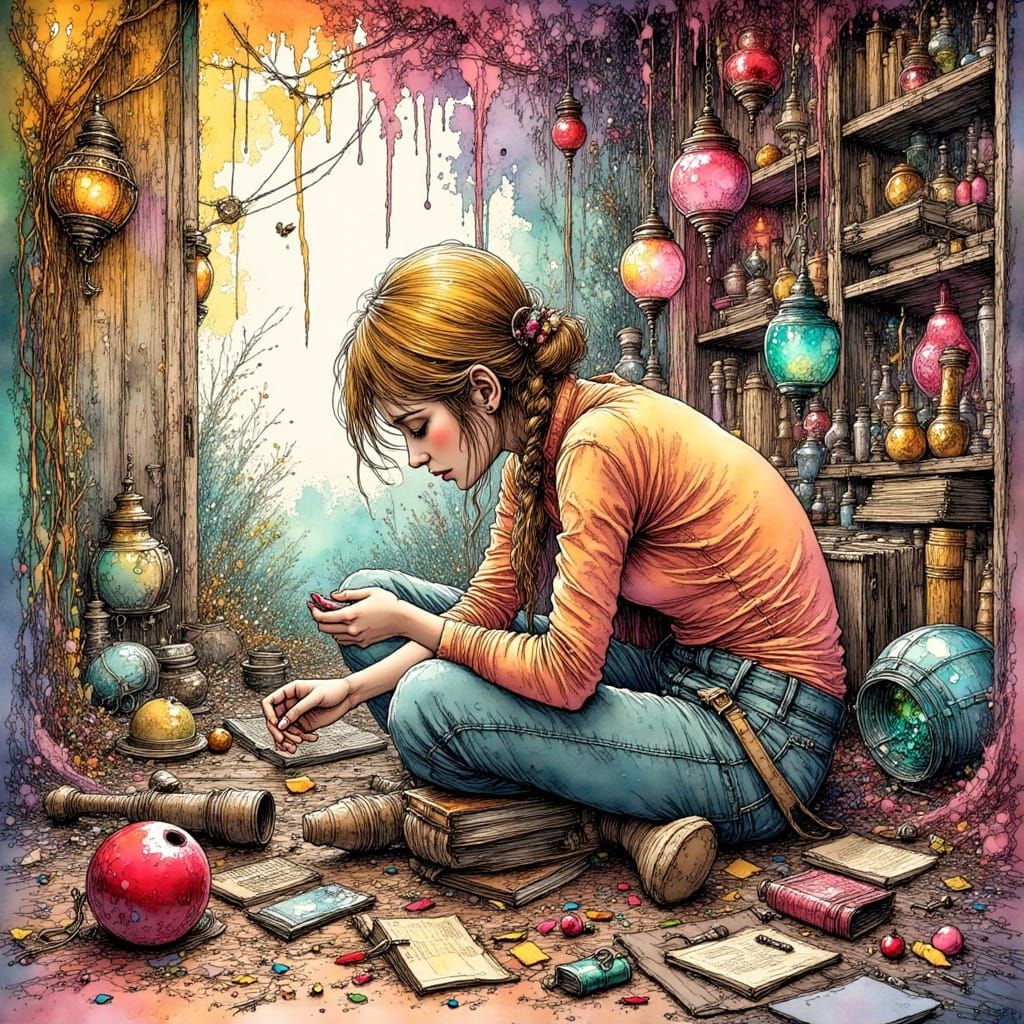 Reflective Figure Amidst Past Choices in Sci-Fi Style