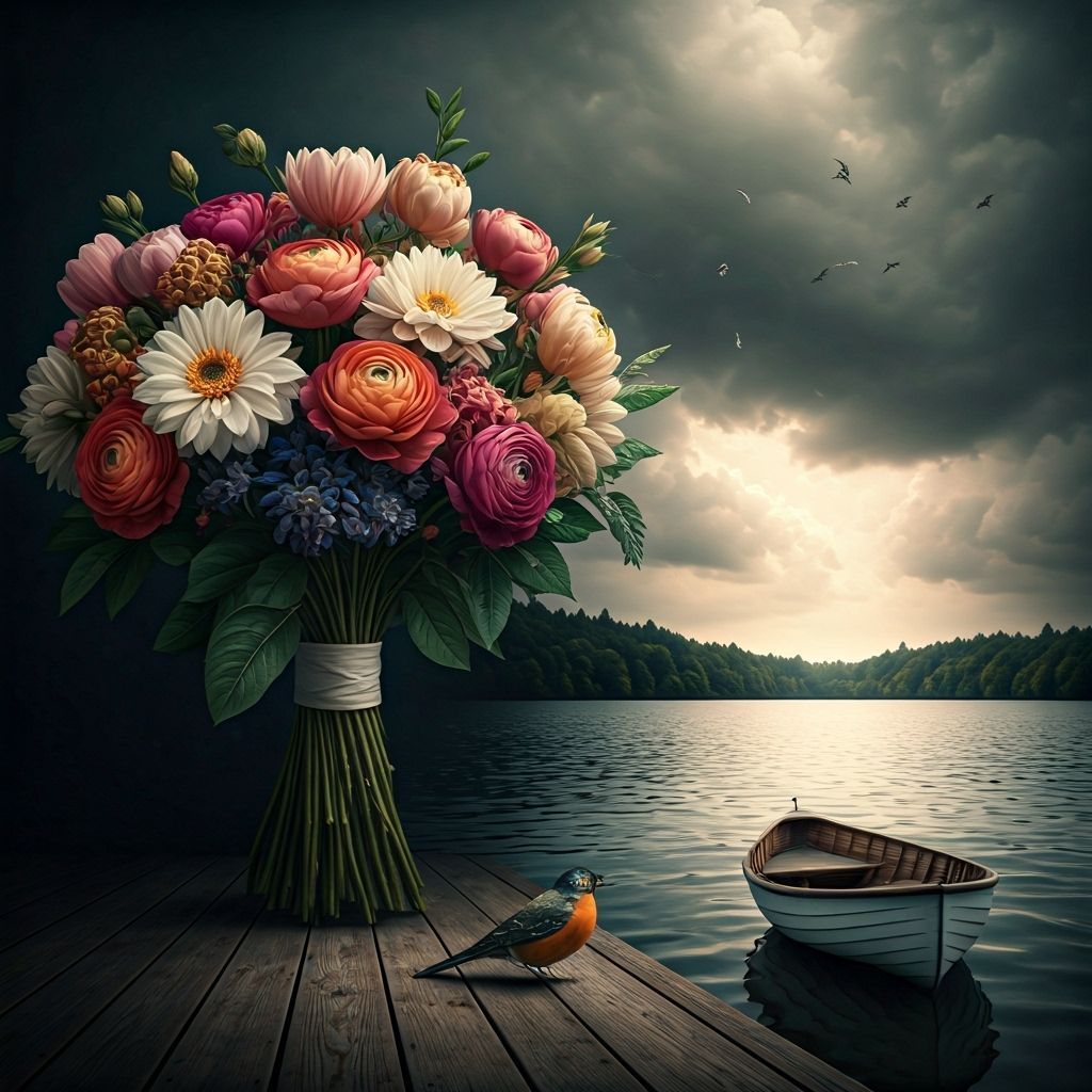 Ethereal Woman with Flowers and Bird in Cinematic Style