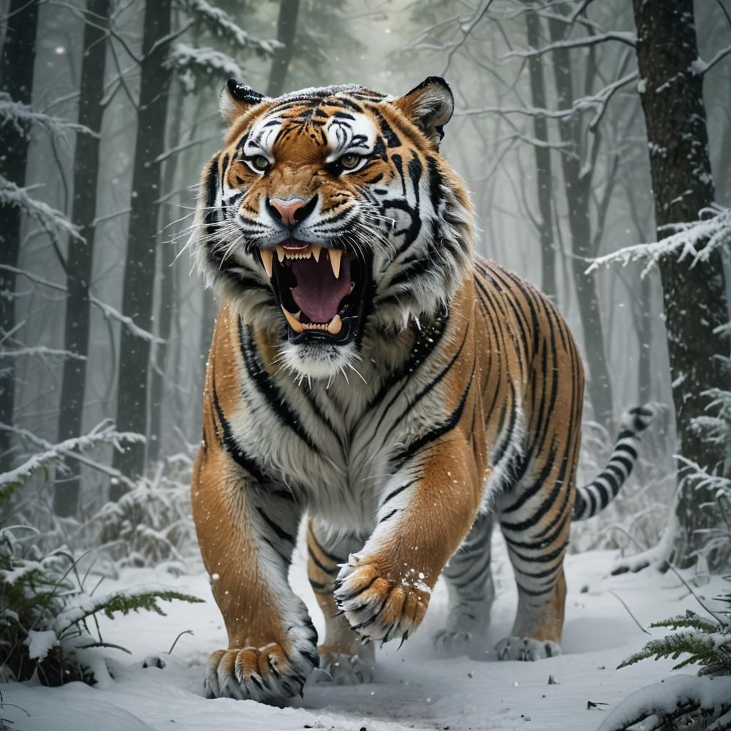 Siberian Tiger Emerging from Forest in Dark Academia Style