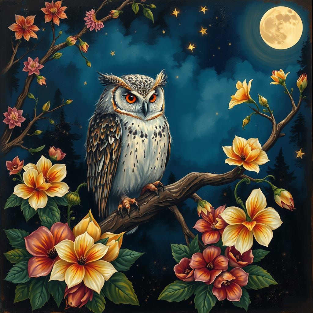 owl perched surrounded by flowers, night scene, abstract painting, mixed media, vague, dark colors, powerful, luminosity...