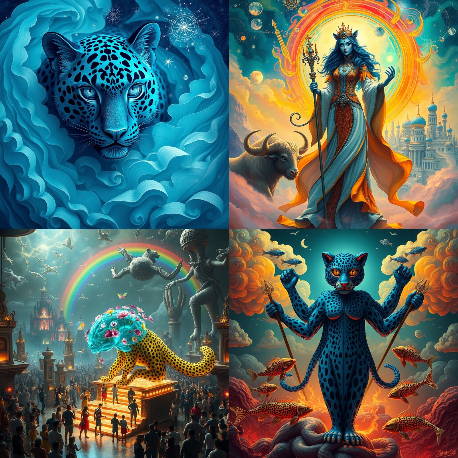 Ethereal City of Blue Leopard Gods in a Realm of Timeless Wo...