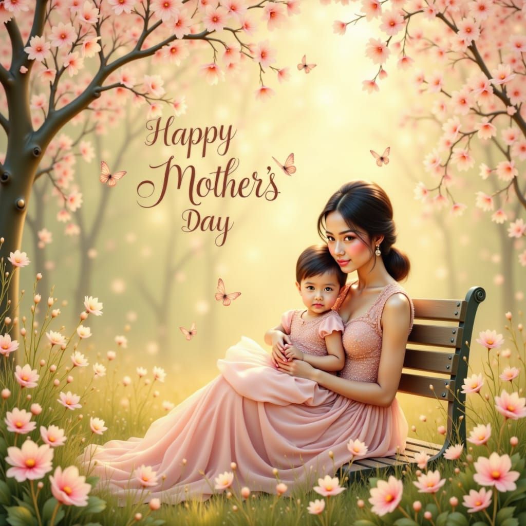 Motherly Love in a Soft Pastel Garden