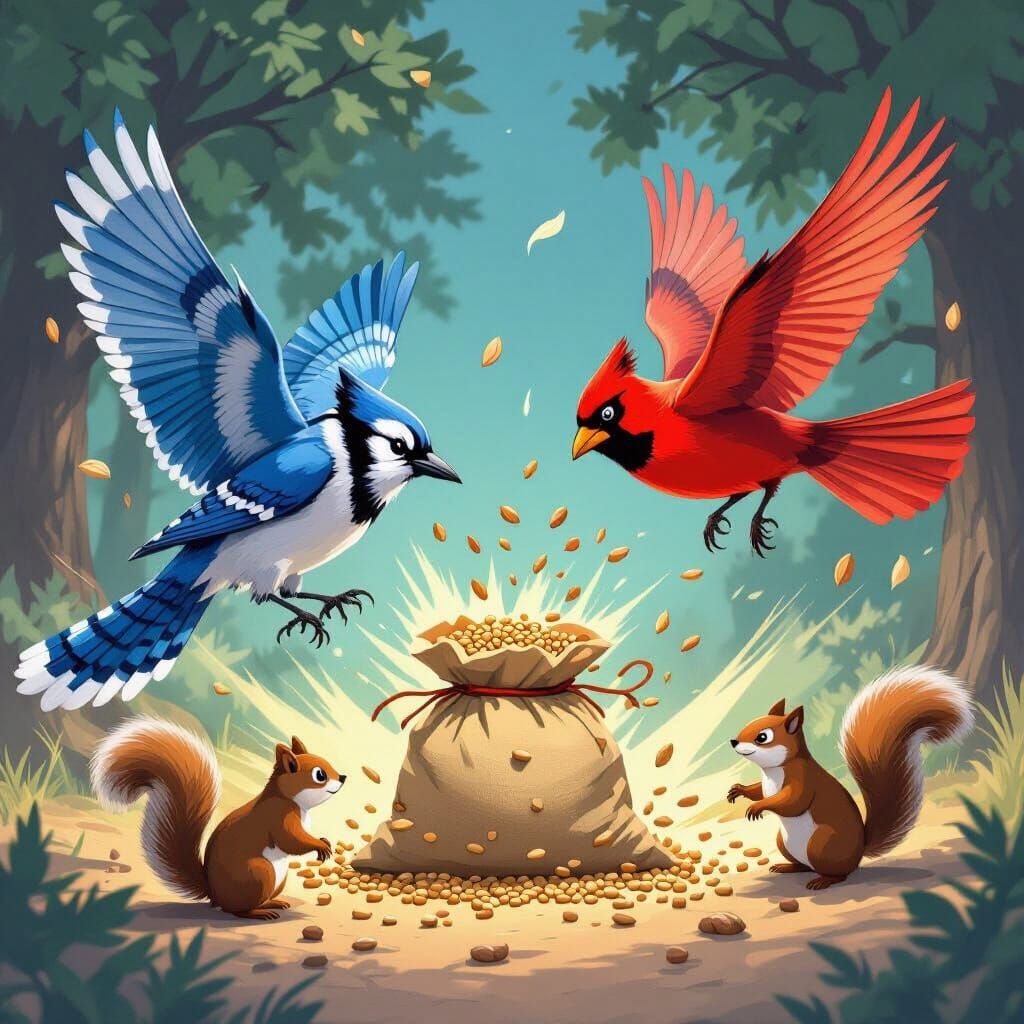 Super Birds Battle Squirrels for Birdseed in Comic Style