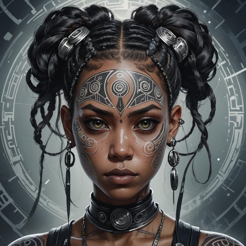 Futuristic Woman with Tattoos in Cold Bluish Tones