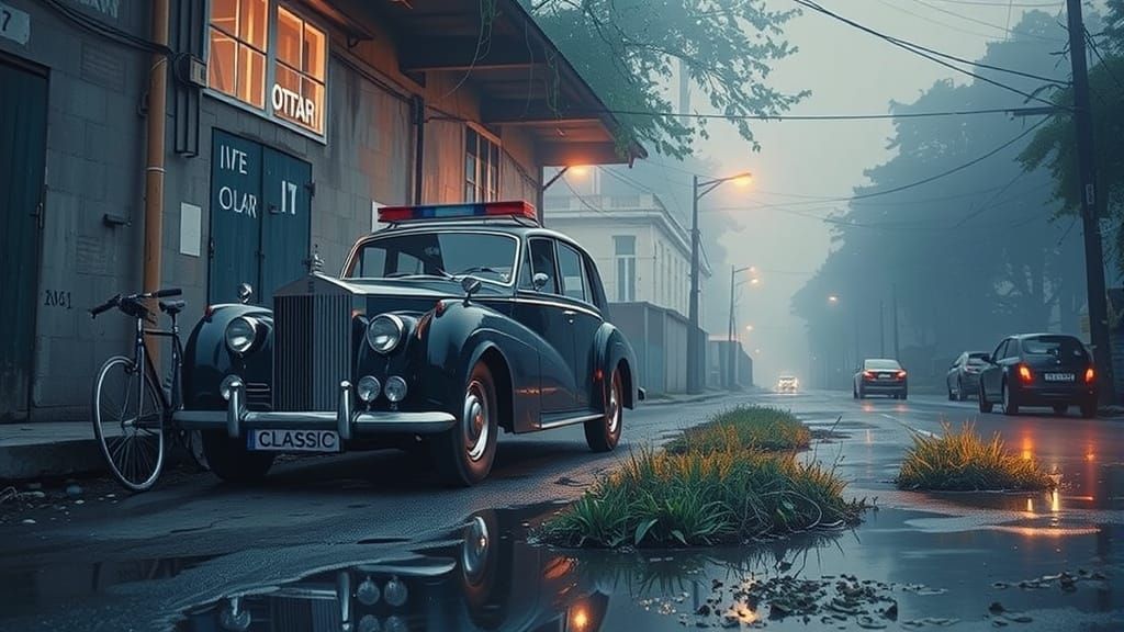 Classic Dark Blue Car Parked on Misty Road