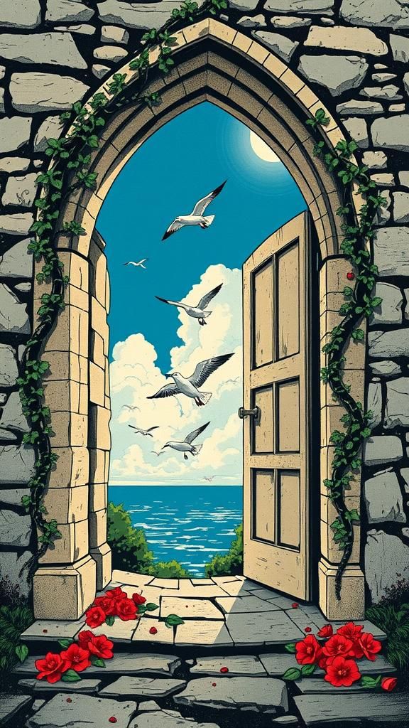 Gothic Doorway with Blue Sky in Woodblock Print Style