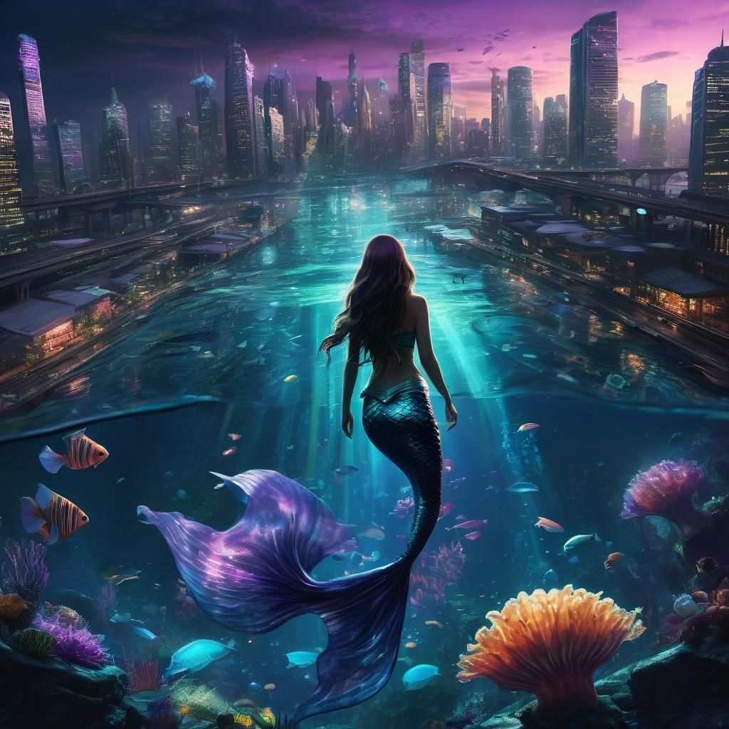 Underwater City Skyline Observed by Mermaid: Concept Art