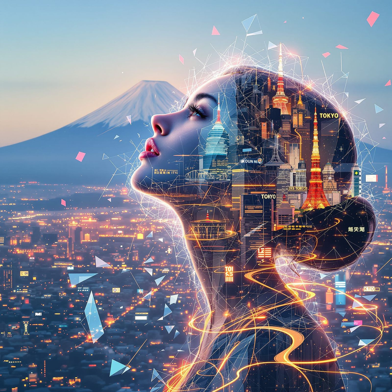 Ethereal Woman Gazes at Future Cityscape, Digital Matte Pain...