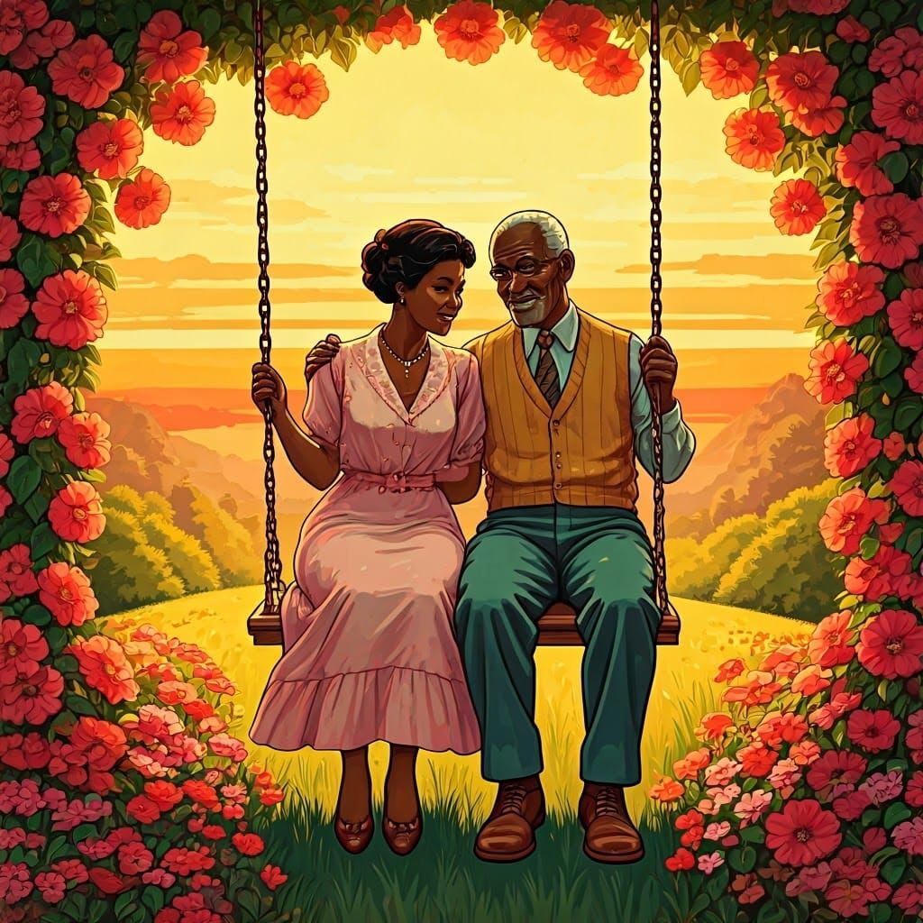 Retro Illustration of Couple on Swing at Sunset