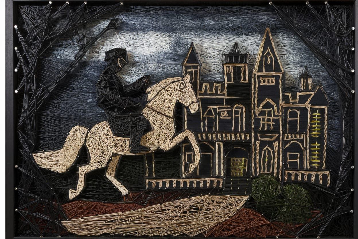 Surreal String Art Gothic Haunted Mansion Scene with Headles...