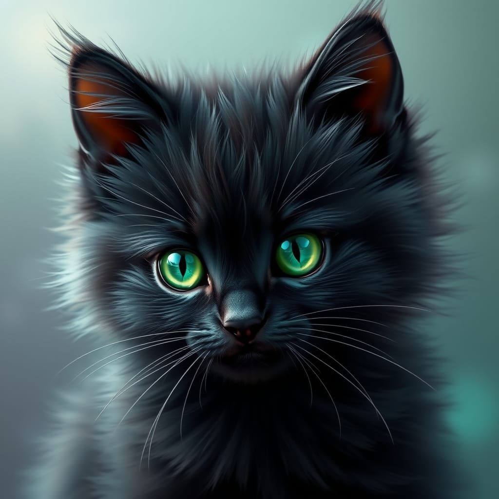 Whimsical Black Kitten with Emerald Eyes in Fantasy Art Styl...