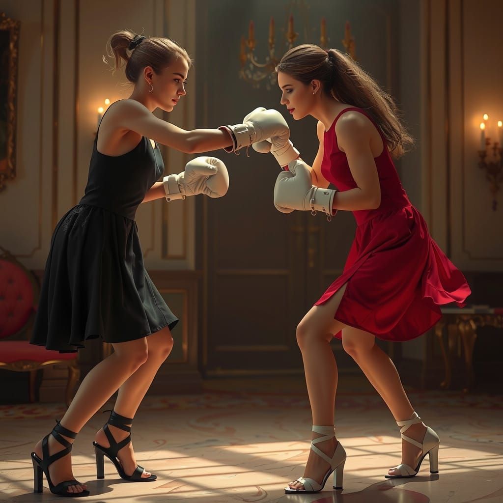 Cyberpunk Female Boxers Clash in Luxurious Ballroom
