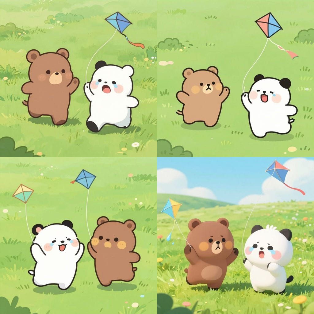 Chubby Bears Flying Kites in Pastel Field