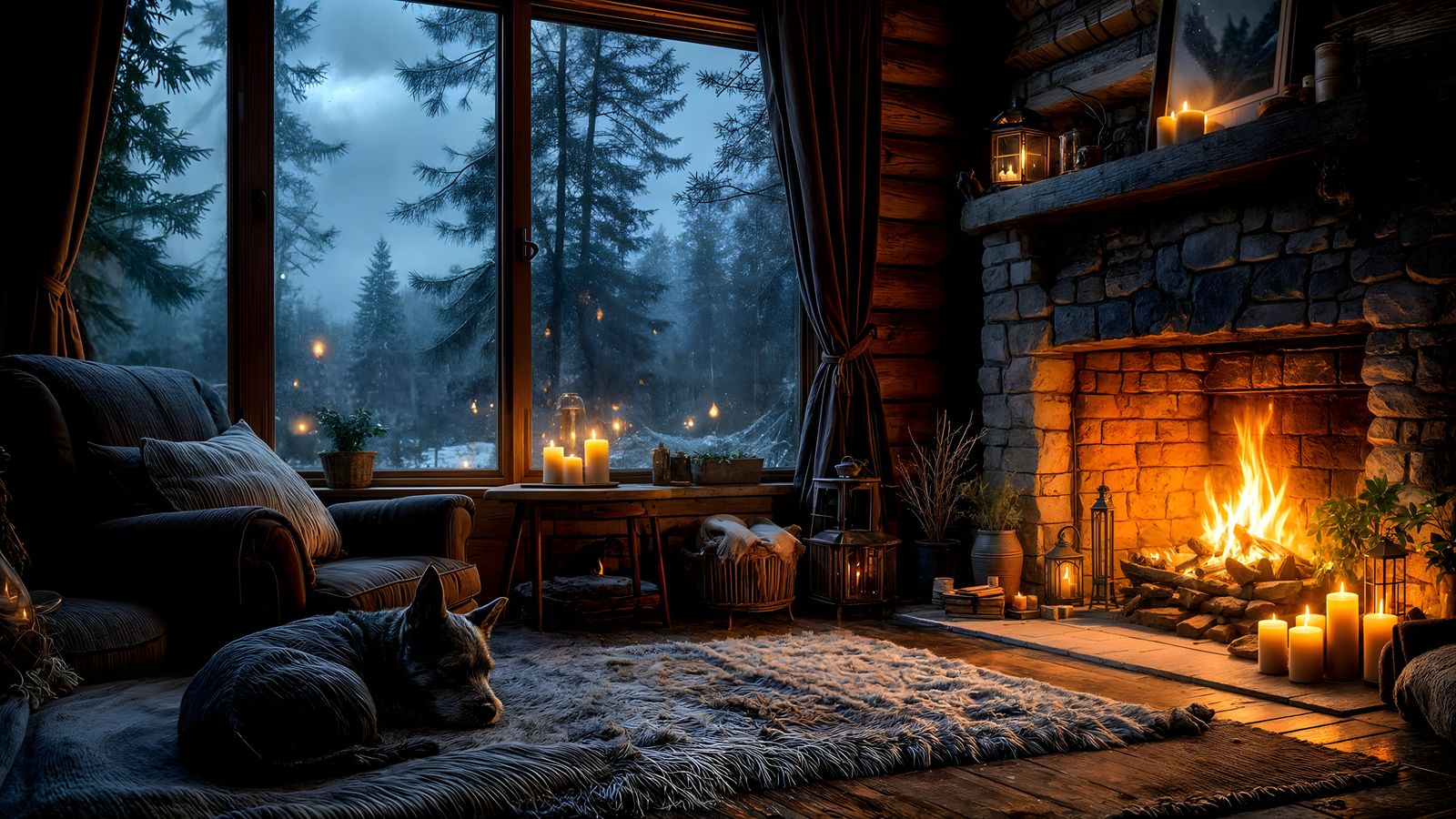 Cozy Log Cabin Living Room at Night with Fireplace