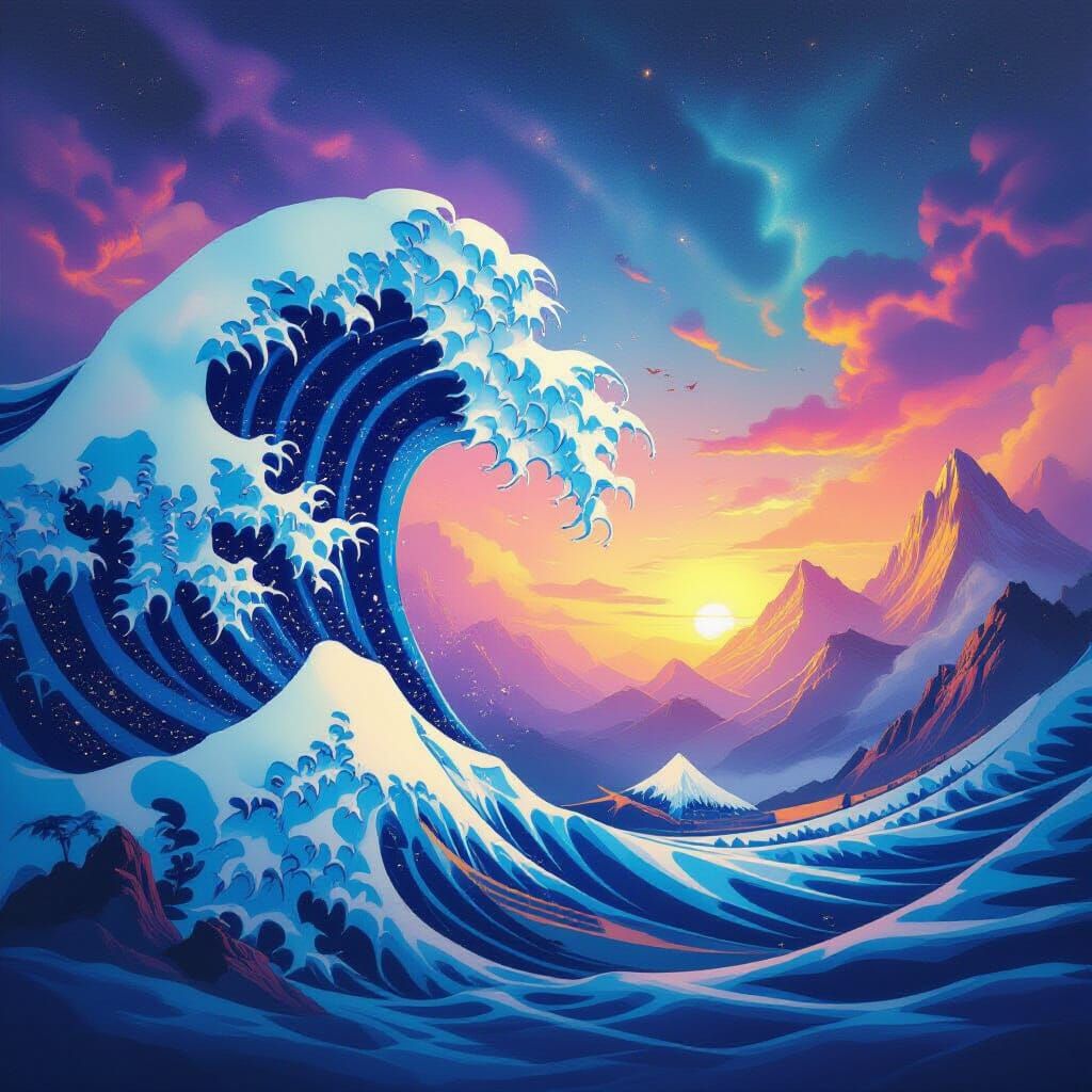 Cosmic Wave Crashing into Futuristic Mountains