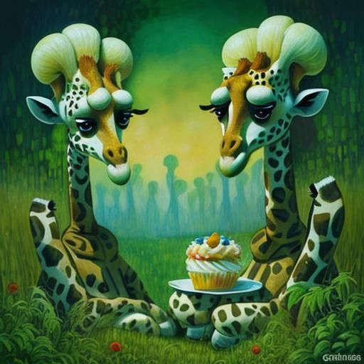 Giraffes Eating Cupcakes: Whimsical Watercolor Illustration