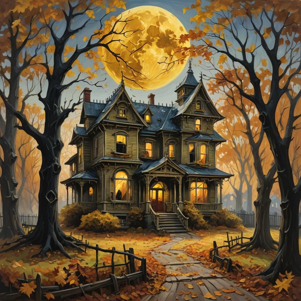 Haunted House Oil Painting with Autumnal Mystique