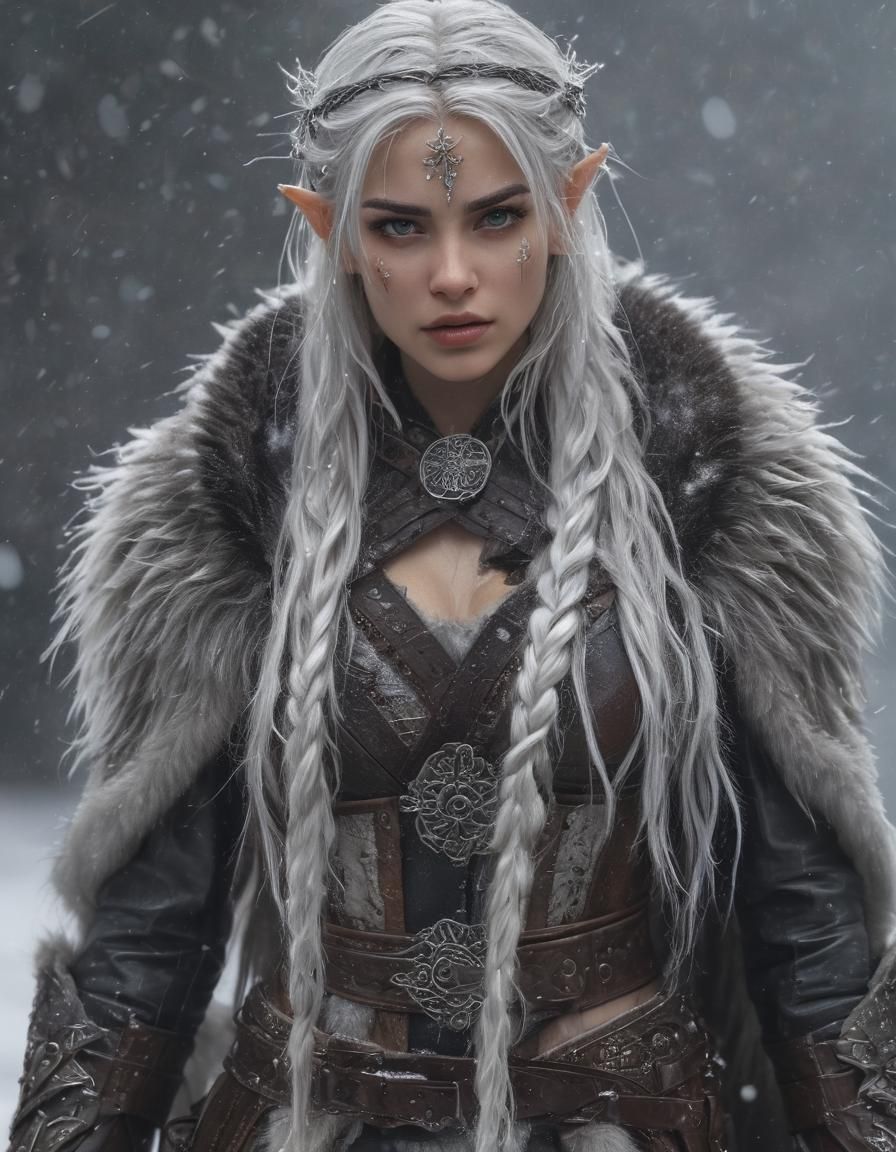 Elven Warrior in Snowstorm with Wolf Pup