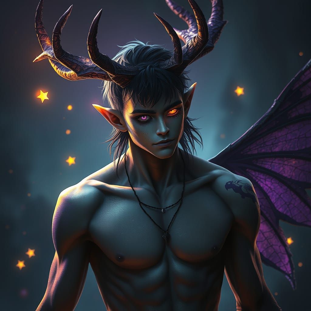 Darkness Fairy Male with Glowing Eye and Stars