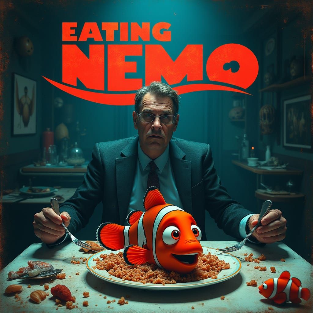 Distressed Retro-Futuristic Eating Nemo Movie Poster