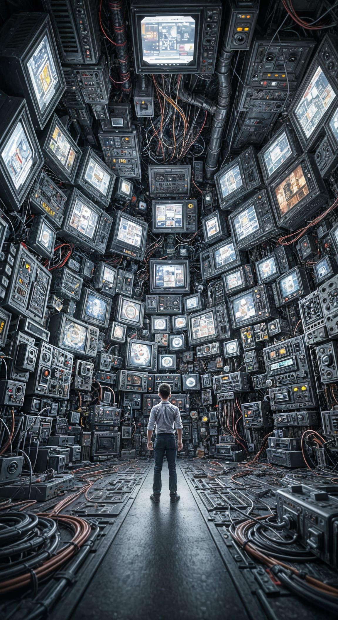 Boy and Towering Machine with Screens and Cogs