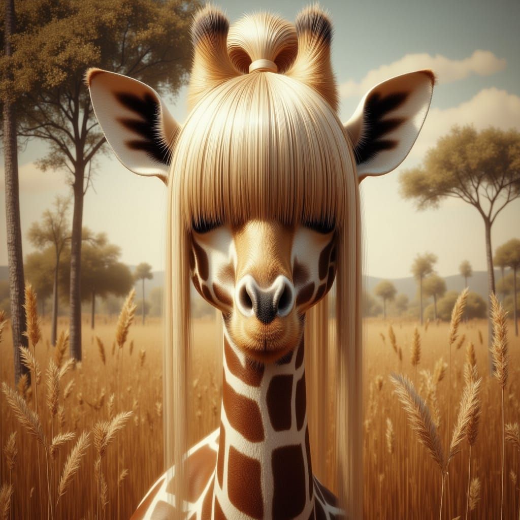 <lora:Exquisite Flux:1.0> <lora:Blunt Bangs:1.0> A magnificent "Giraffe with long blonde bangs covering its eyes" "looki...