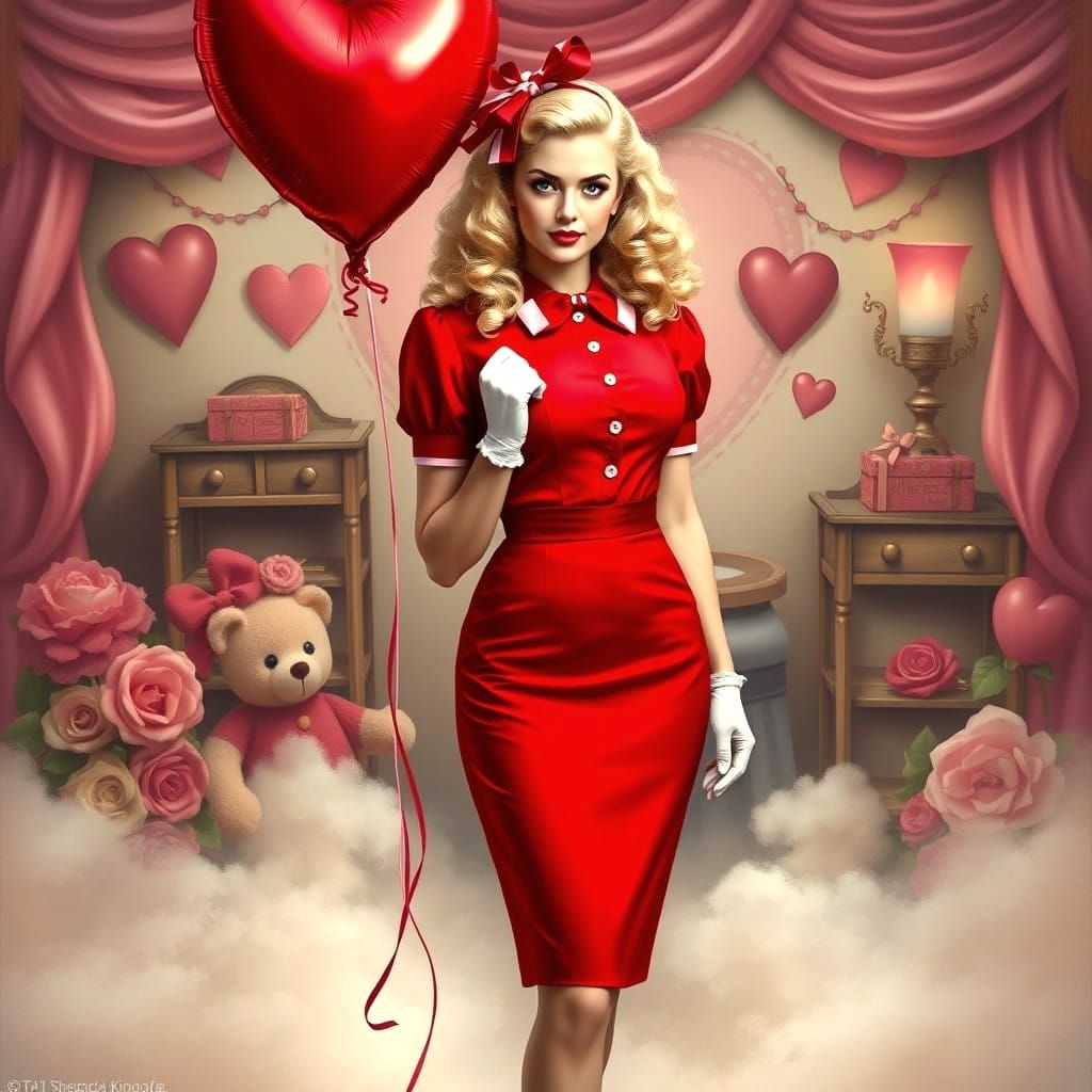 Vintage Valentine's Day Lady in Red and Pink, Oil Painting