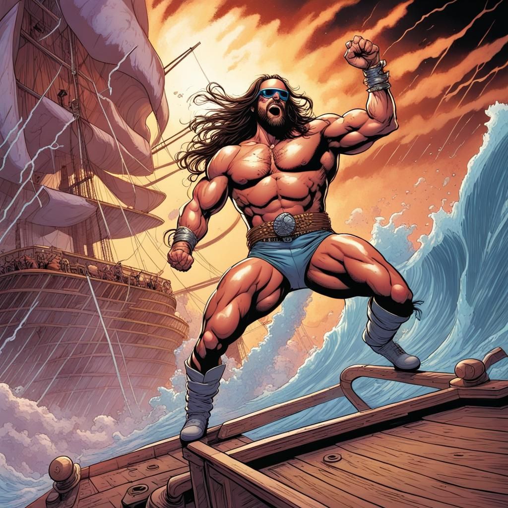 Wrestler Versus Tornado on Pirate Ship, Comic Art
