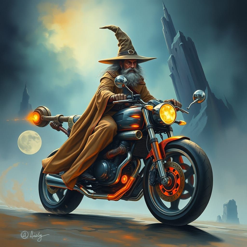 Wizard Riding Futuristic Motorcycle in Dreamlike Storybook S...